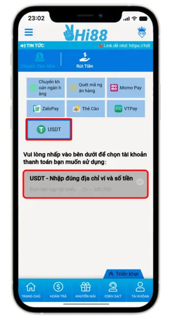 Bước 2: Chọn "USDT" → nhấp vào mục bên dưới. 